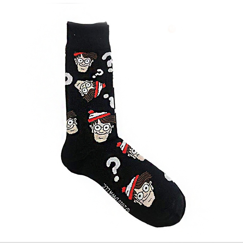 Where's Waldo Heads Novelty Crew Socks Black New